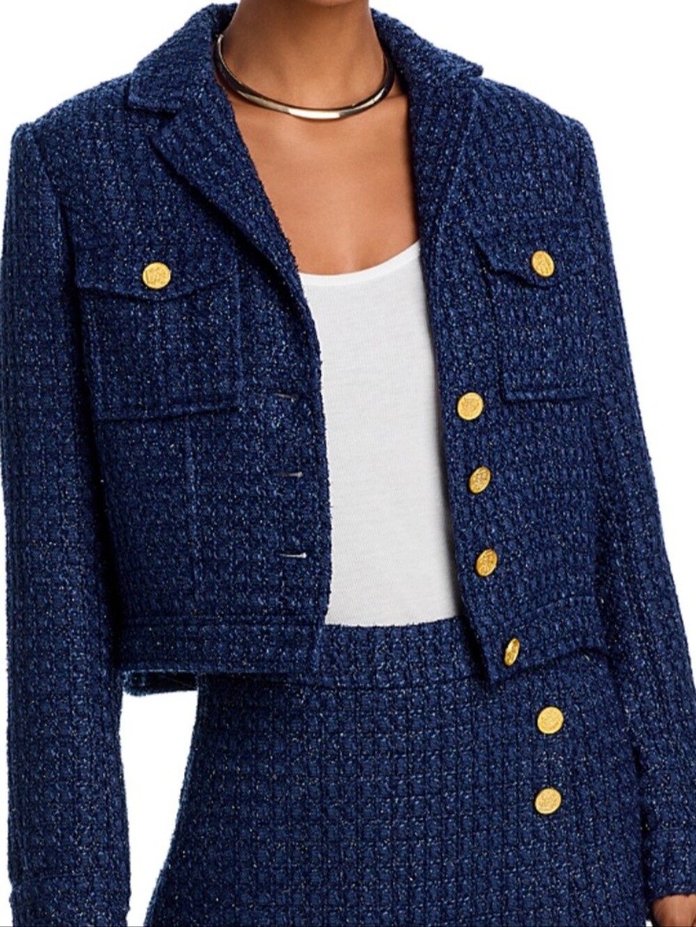 Aqua Navy Tweed Blazer with Gold Buttons